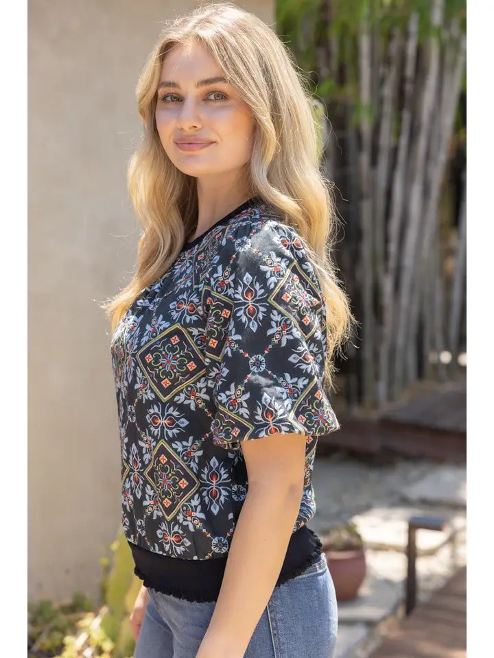 Black Band Detail Ornamental Tile Embroidered Print Top