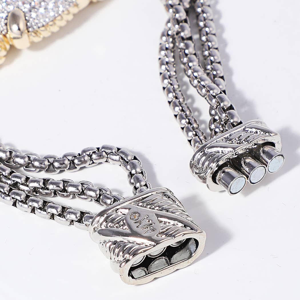 CZ Bar Charm 3 Layered Box Chain Bracelet