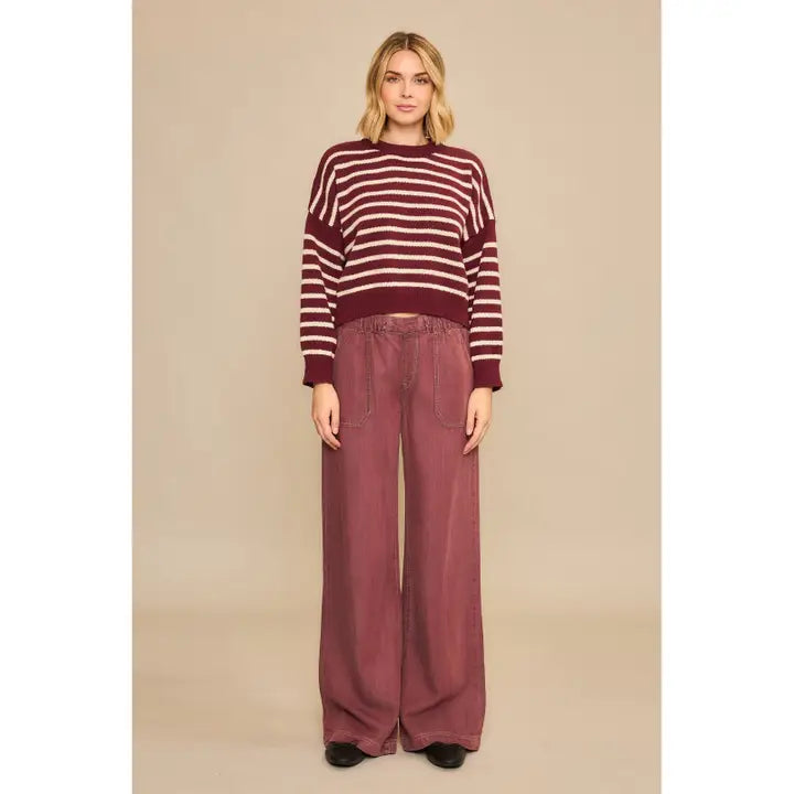 Burgundy Horizontal Stripe Knit Cropped Pullover Sweater