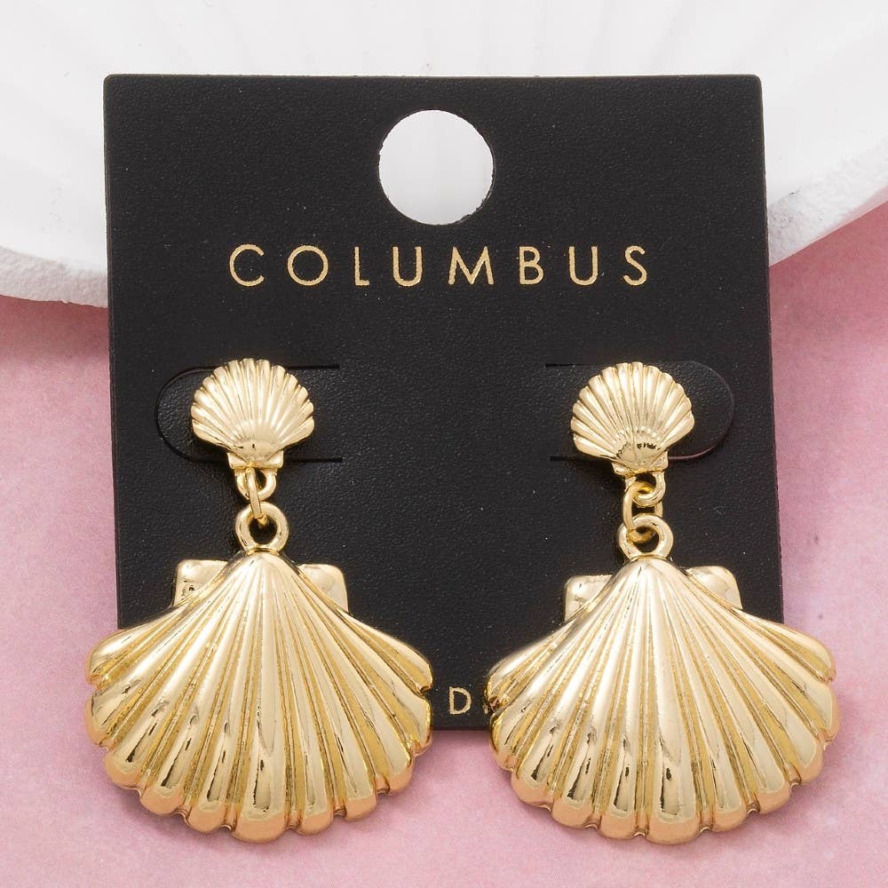 Gold Dipped Double Sea Shell Stud Dangle Earrings