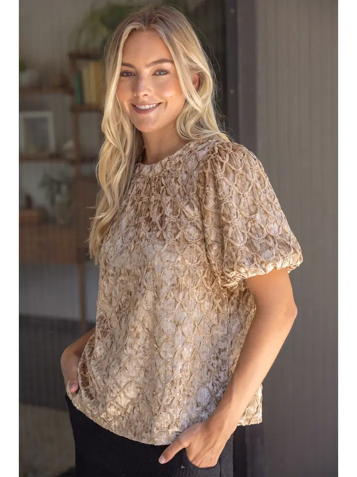 Trellis Trimmed Crushed Velvet Bubble Sleeve Top