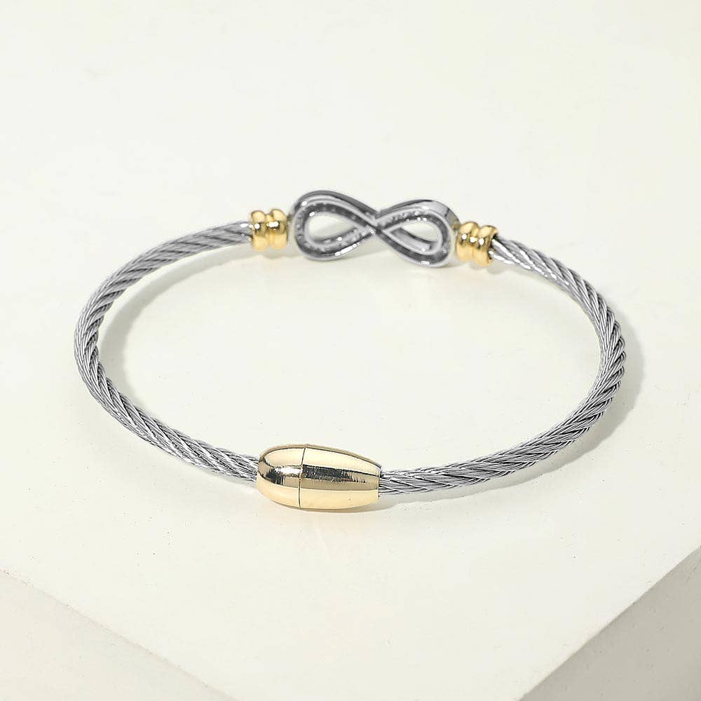 14K Gold Plated Two Tone CZ Pave Infinity Accent Twisted Cable Magnetic Bracelet