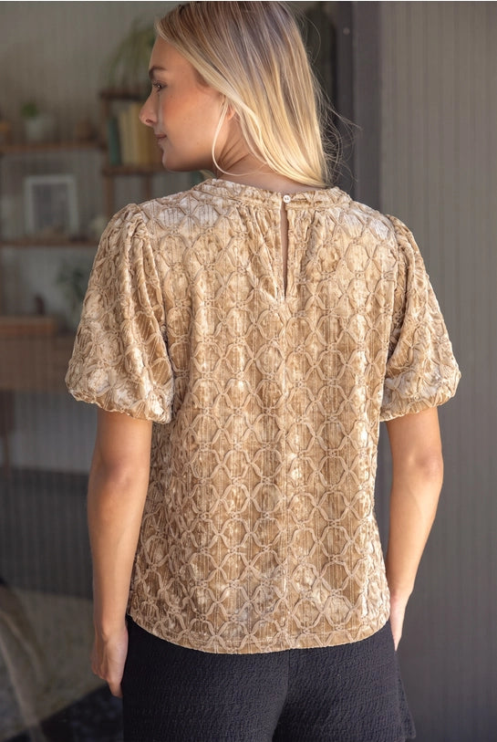 Trellis Trimmed Crushed Velvet Bubble Sleeve Top