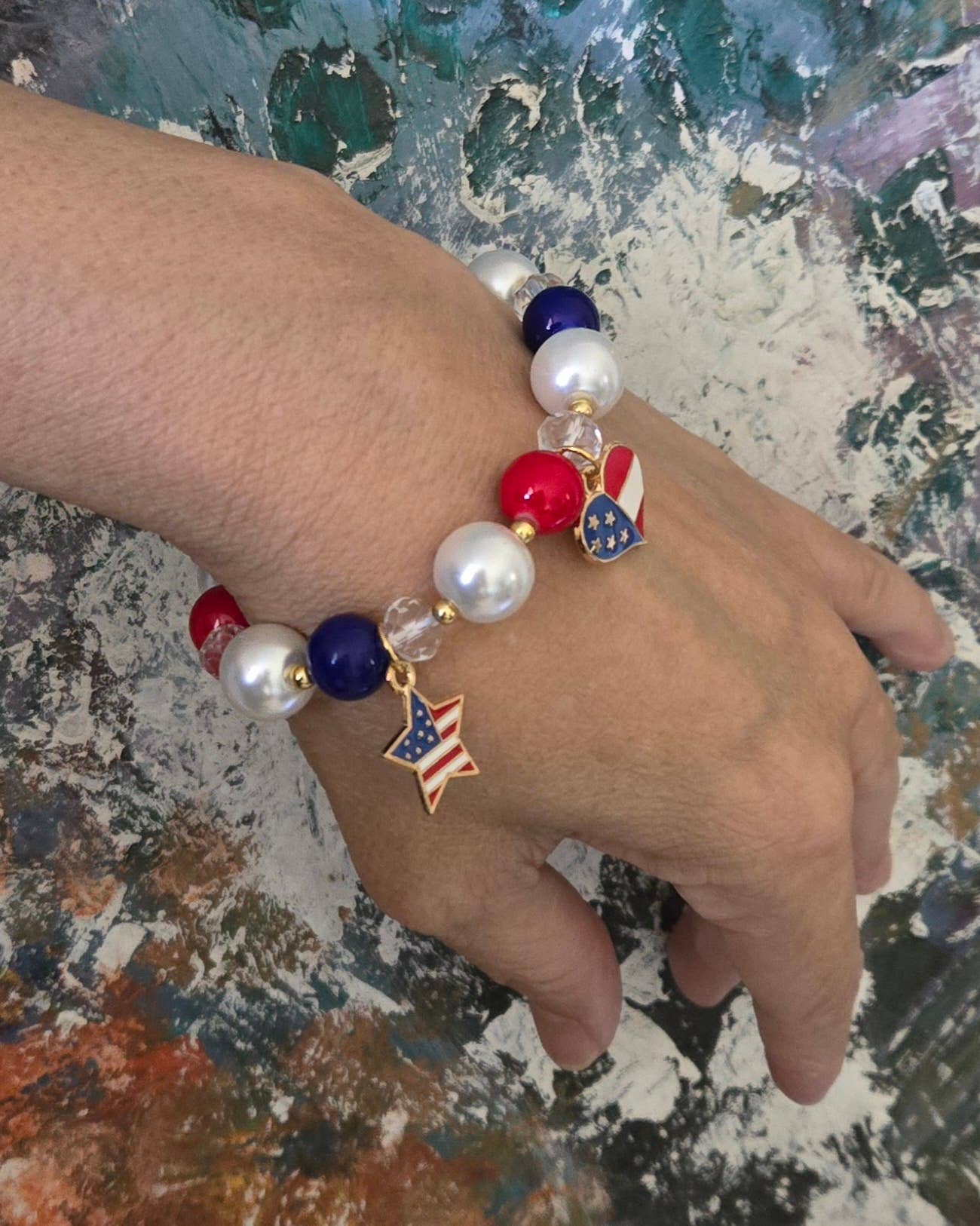 July 4th RWB Charms Beaded Stretch Bracelet