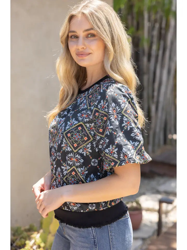 Black Band Detail Ornamental Tile Embroidered Print Top