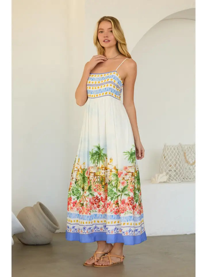 Blue Multi Tropical Scenic Print Midi Dress