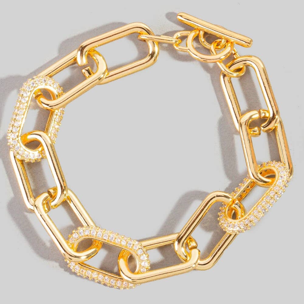 Gold Dipped Simple Cz Oval Toggle Chain Bracelet