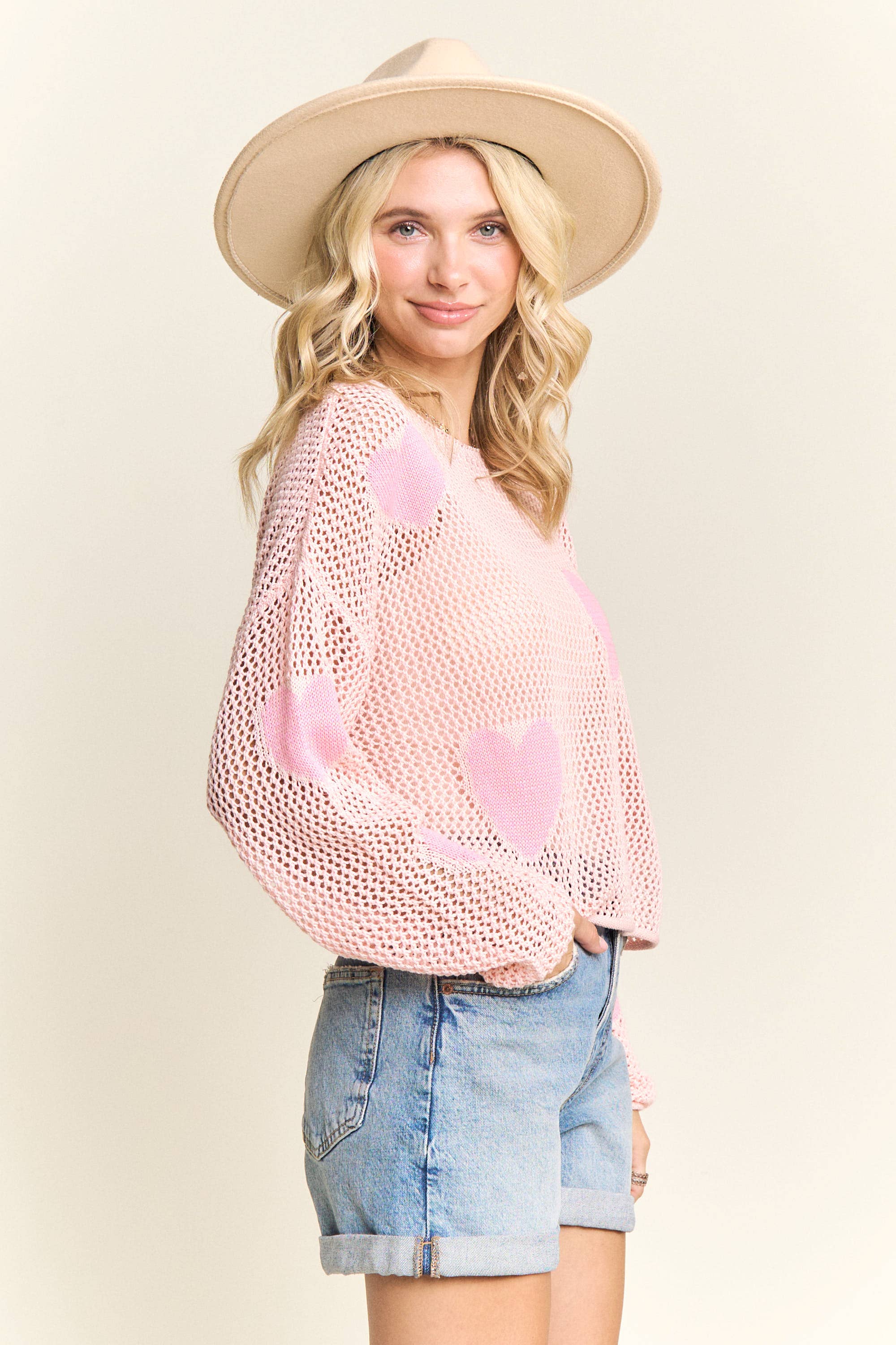 LESW4237-LOOSE KNIT MESH SWEATER HEART PATTERN