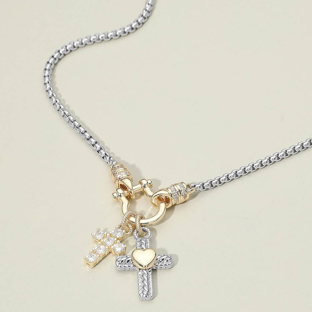 14K Gold Plated CZ Two Tone Heart Cross Horsebit Carabiner Charm Necklace