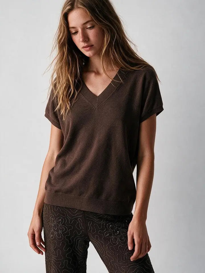 Fine-Knit V-Neck Sweater with Short Dolman Drop-Shoulder Sleeves