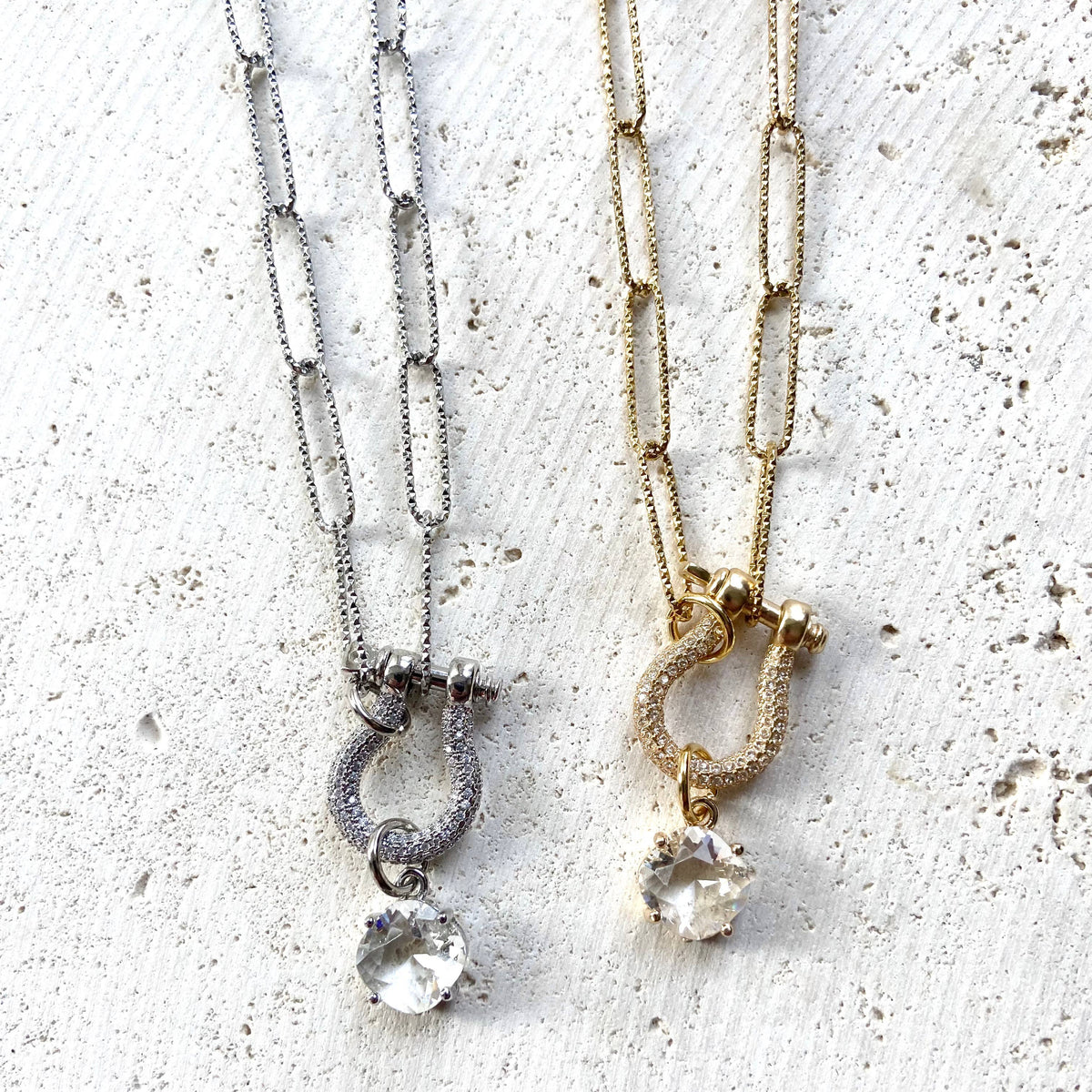 Gold Tone Diamond Cut Chain Pave Carabiner Necklace