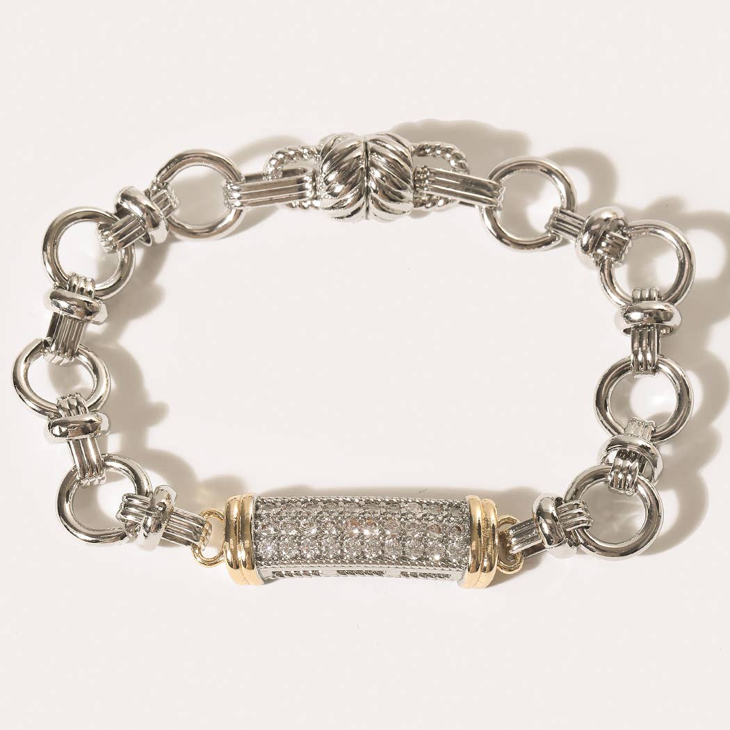 Two Tone CZ Pave Magnetic Bar Bracelet