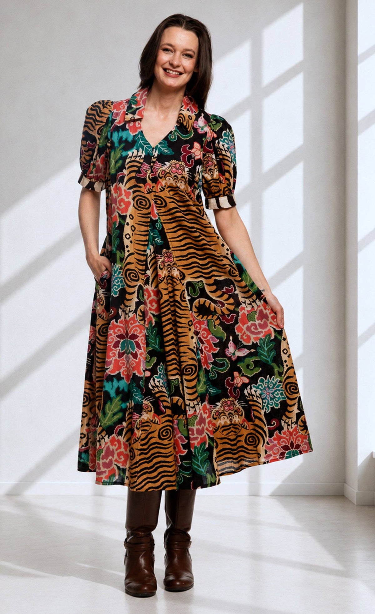 Montauk dress in tiger rug print