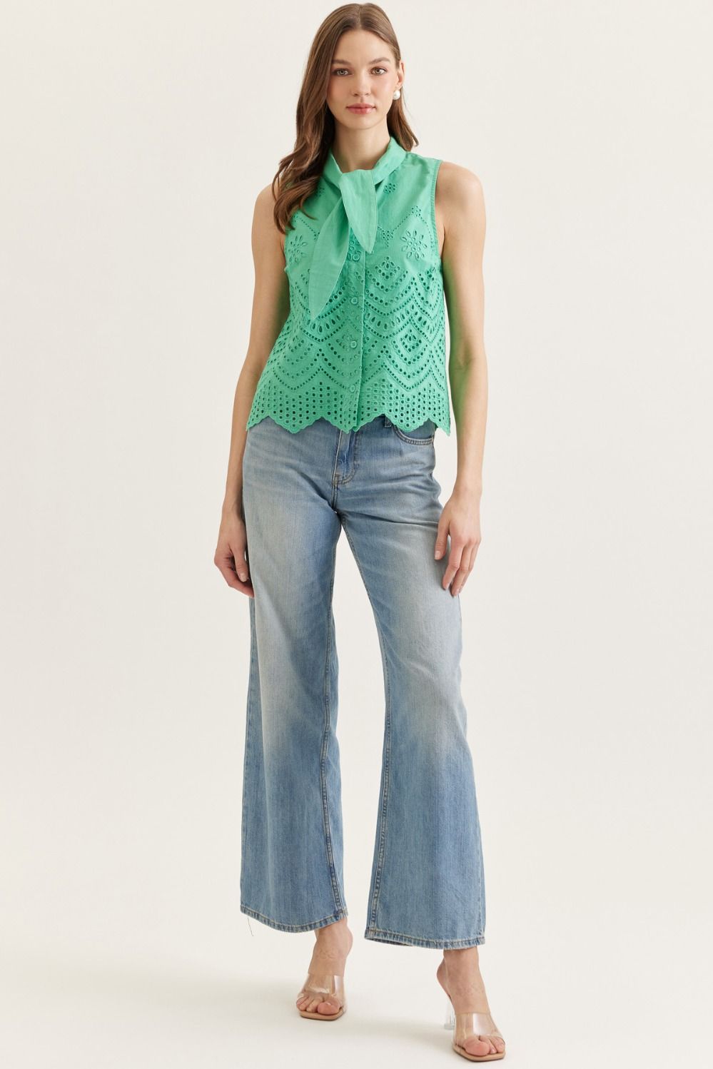 Green Eyelet Tie Collar Top