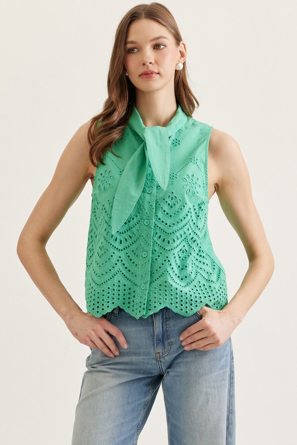 Green Eyelet Tie Collar Top