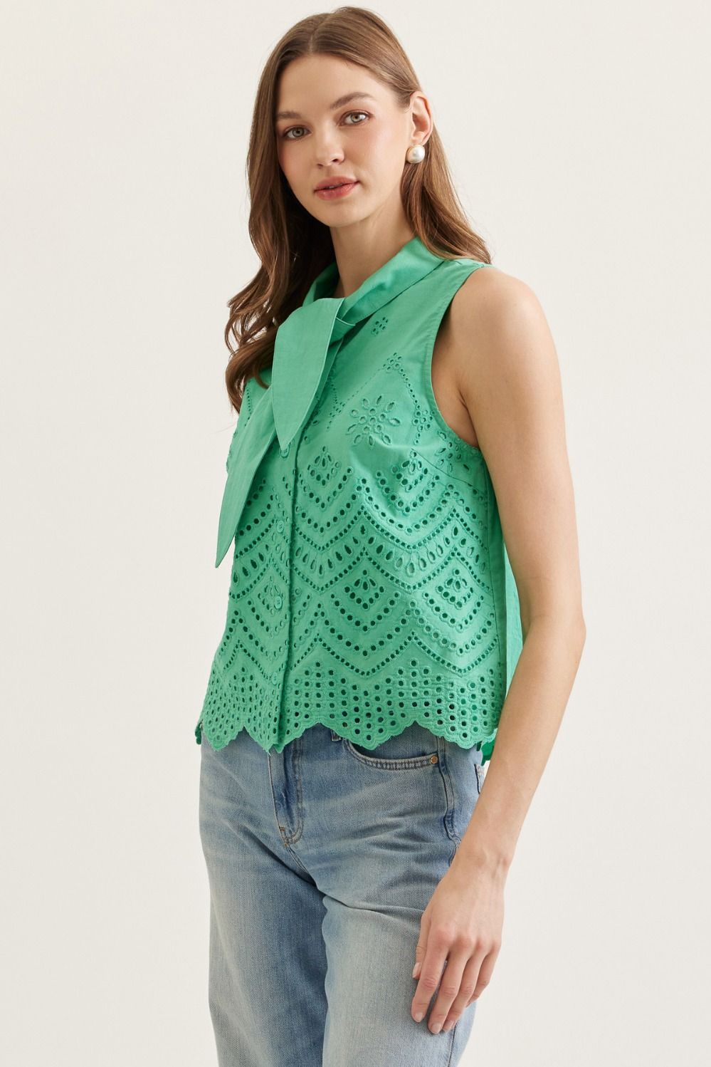 Green Eyelet Tie Collar Top