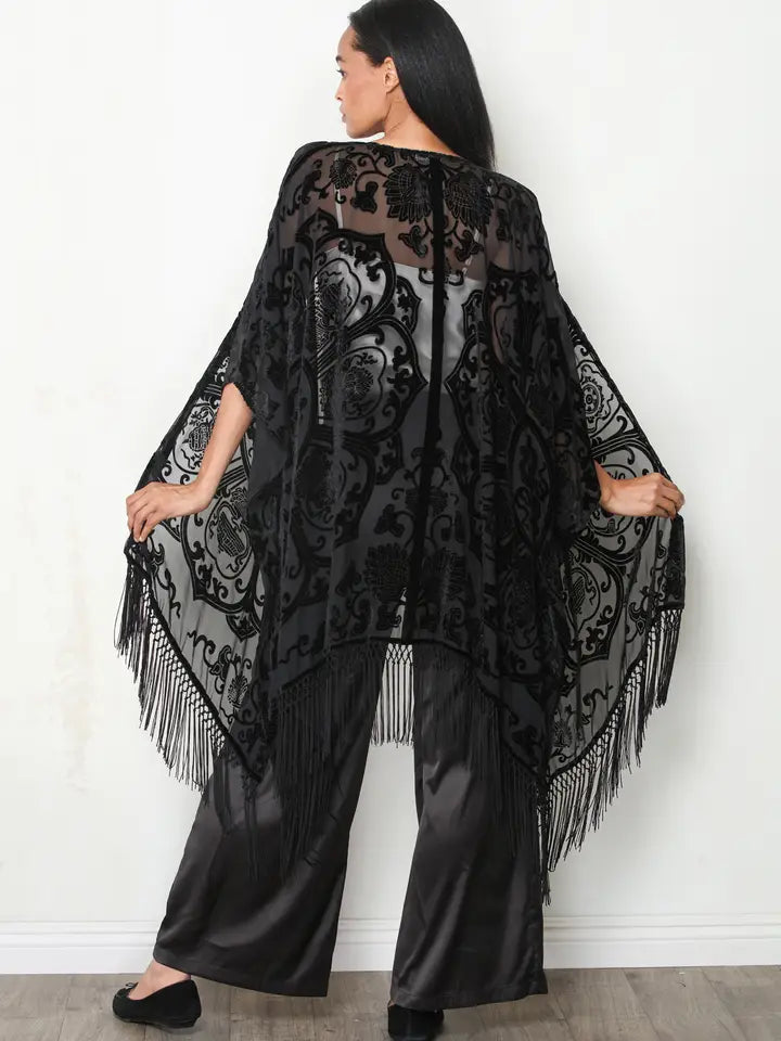 Black Velvet Burnout Fringe Trim Open Front Kimono