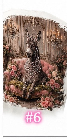 Bling tee design #6 — donkey in a tiara and pearls on a pink couch surrounded by roses
