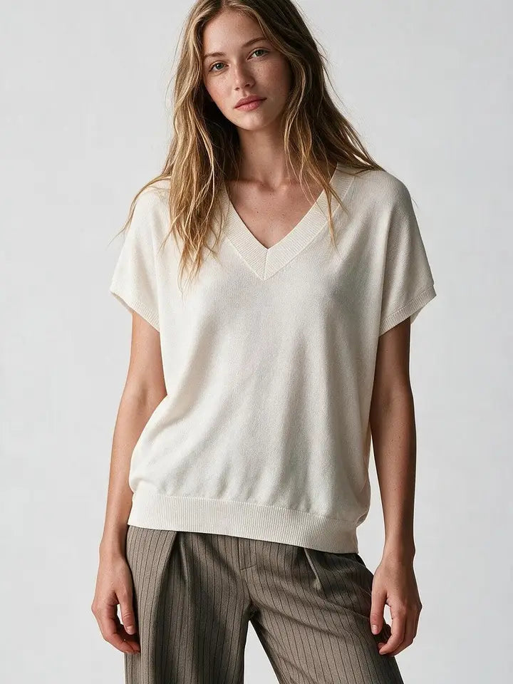 Fine-Knit V-Neck Sweater with Short Dolman Drop-Shoulder Sleeves