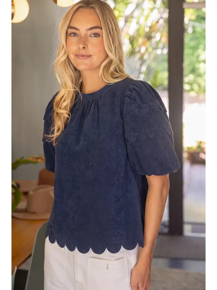 Scalloped Hemline Bubble Sleeve Solid Corduroy Top