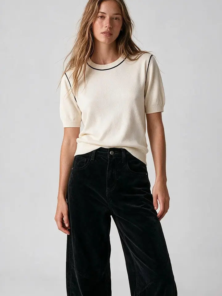 Cream Fine Knit Contrast Seam Regular Fit Short Sleeve Sweater