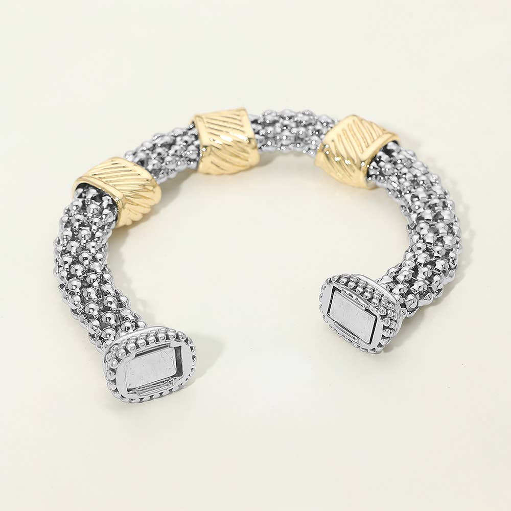 14K Gold Plated Two Tone Sculpted Accent Textured Band Magnetic Bracelet