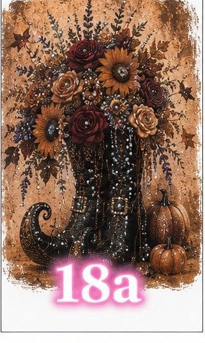 Bling tee design #18a — witch boots filled with autumn flowers, sunflowers, and pumpkins