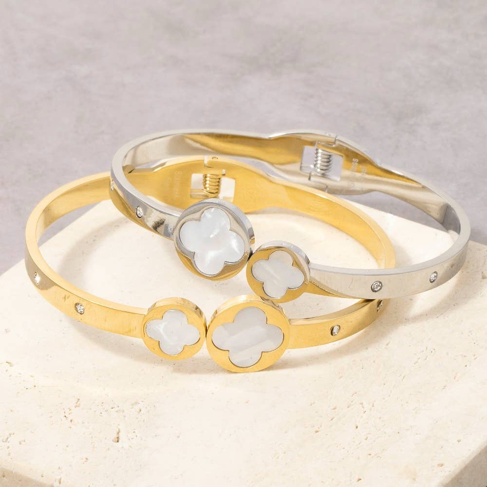 Stainless Steel Mother Of Pearl Clover Ends Hinge Bangle