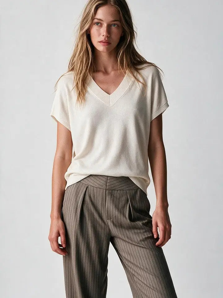 Fine-Knit V-Neck Sweater with Short Dolman Drop-Shoulder Sleeves