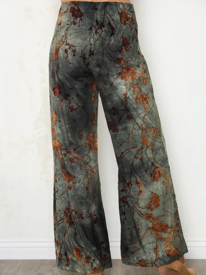 Olive Flocked Ity Wide Leg Palazzo Pant
