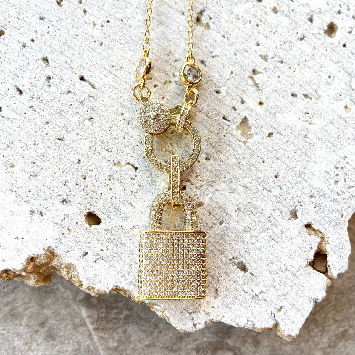 Gold Pave Lock Crystal Necklace