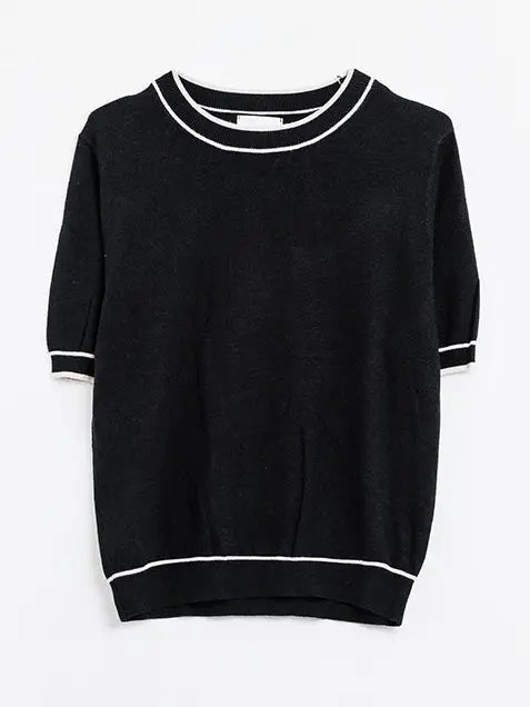 Black Short Sleeve Sweater with White Line Detail