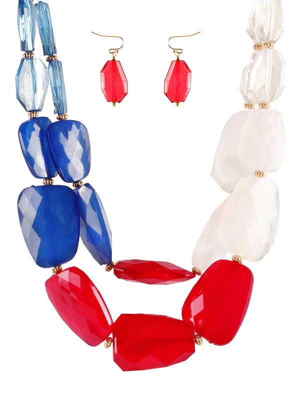 Red White & Blue Acrylic Stone Necklace Set