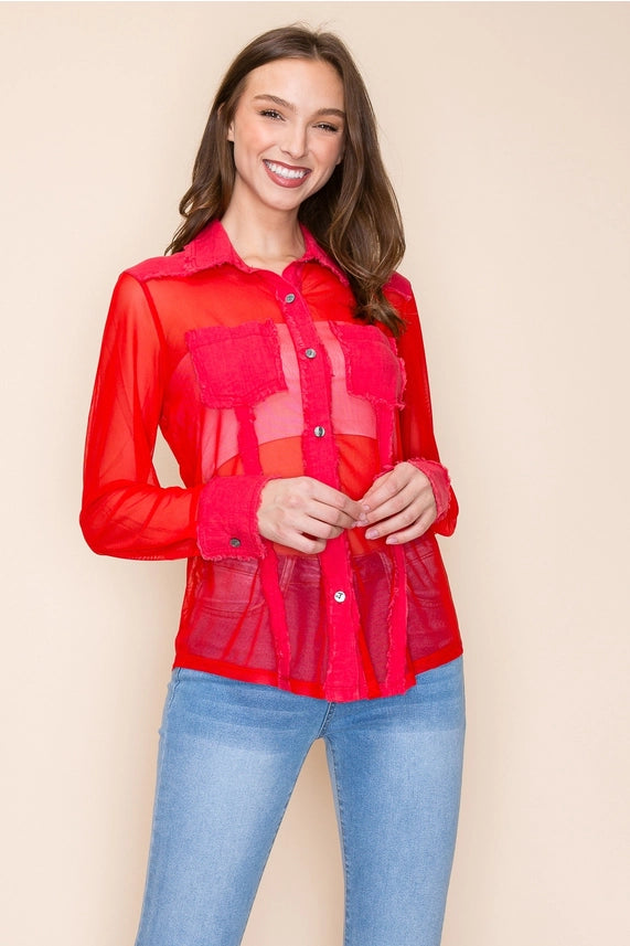 Linen Mesh Button Front Top