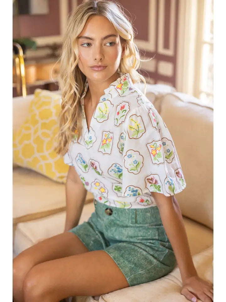White Framed Floral Embroidered V-Neck Top