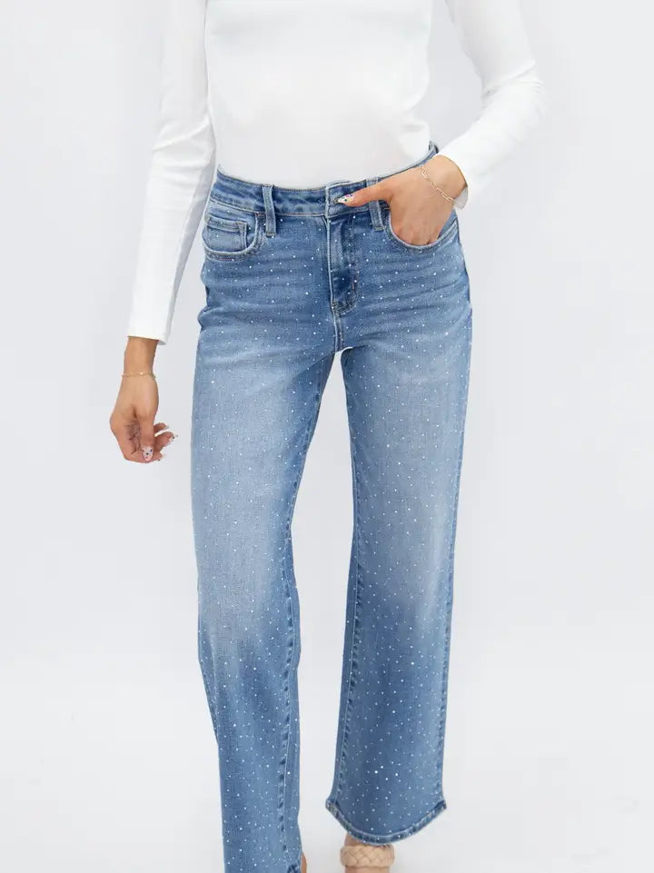 Straight-Leg Light Wash Crystal Jeans