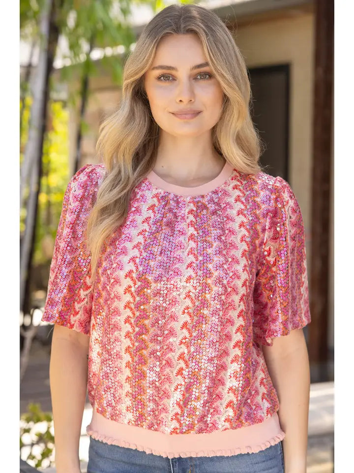 Coral Ribbed Knit Band Detail Vertical Stripe Sequins Top