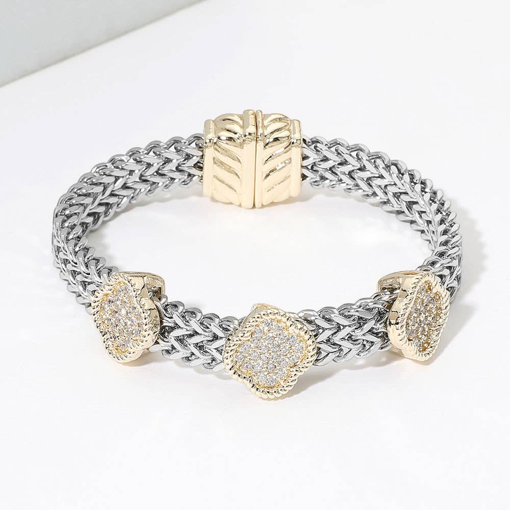 14K Gold Plated Two Tone CZ Pave Triple Quatrefoil Accent Woven Band Magnetic Bracelet