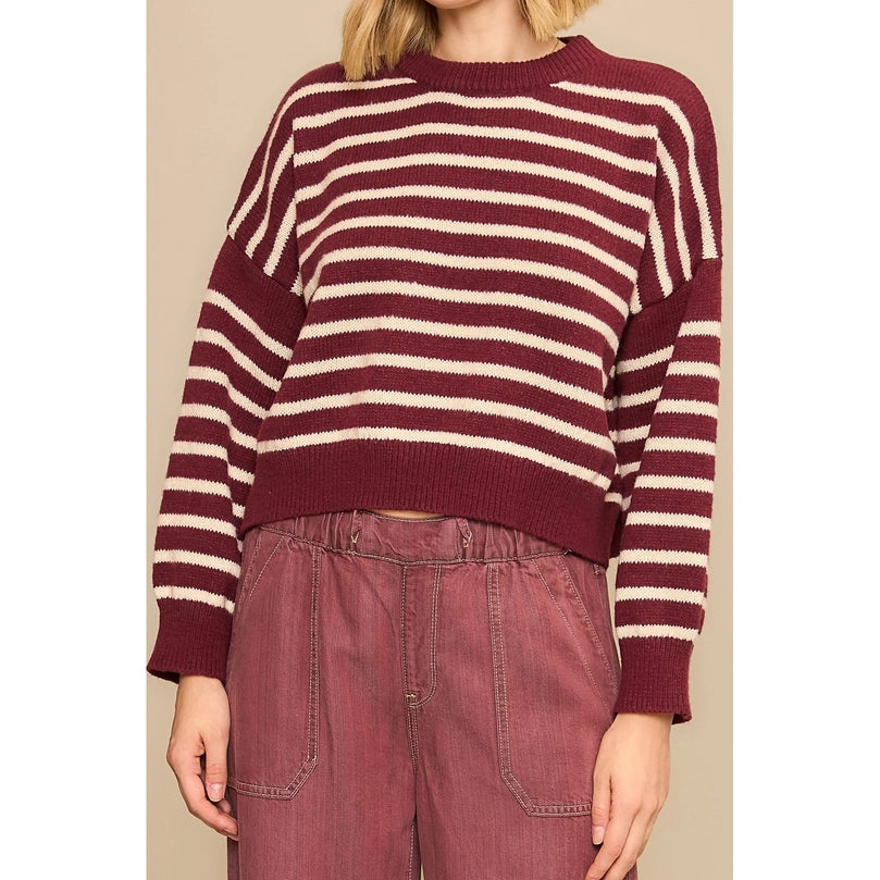 Burgundy Horizontal Stripe Knit Cropped Pullover Sweater