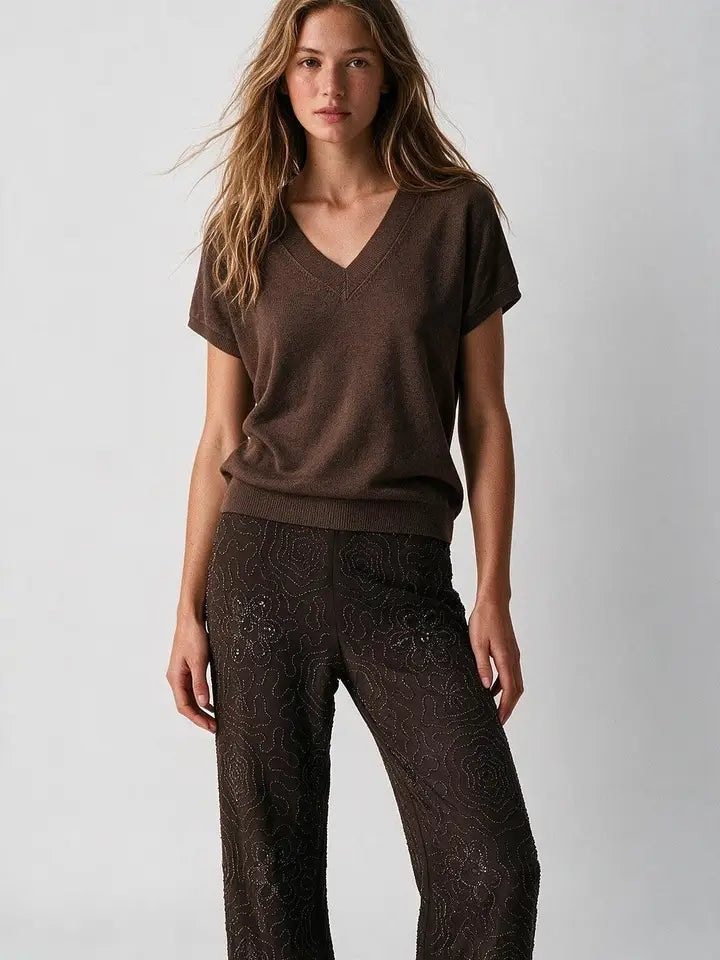 Fine-Knit V-Neck Sweater with Short Dolman Drop-Shoulder Sleeves