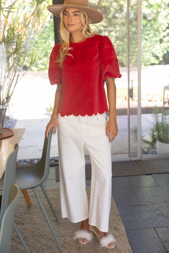 Scalloped Hemline Bubble Sleeve Solid Corduroy Top