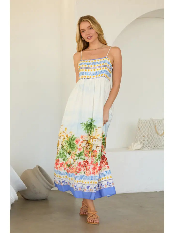 Blue Multi Tropical Scenic Print Midi Dress