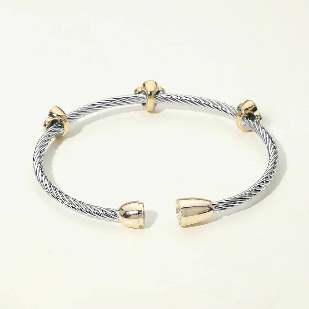 14K Gold Plated Two Tone CZ Pave Quatrefoil Bezel Station Twisted Cable Magnetic Bracelet