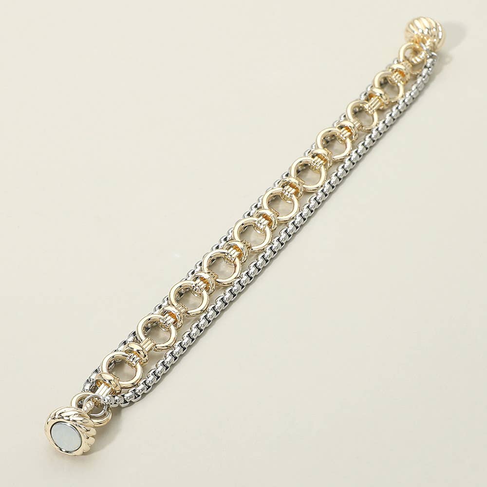 14K Gold Plated Two Tone Mixed Chain Layered Magnetic Bracelet