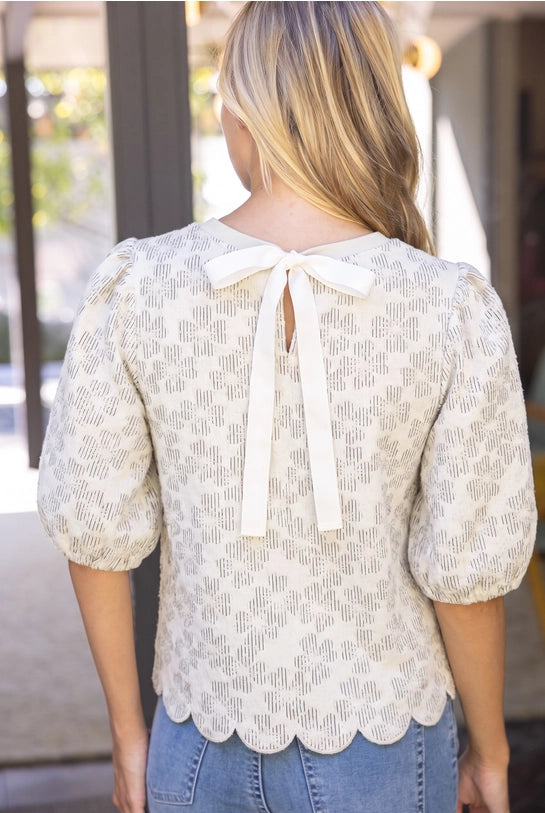 Ivory Scalloped Hem Twill Tape Tie Floral Textured Top