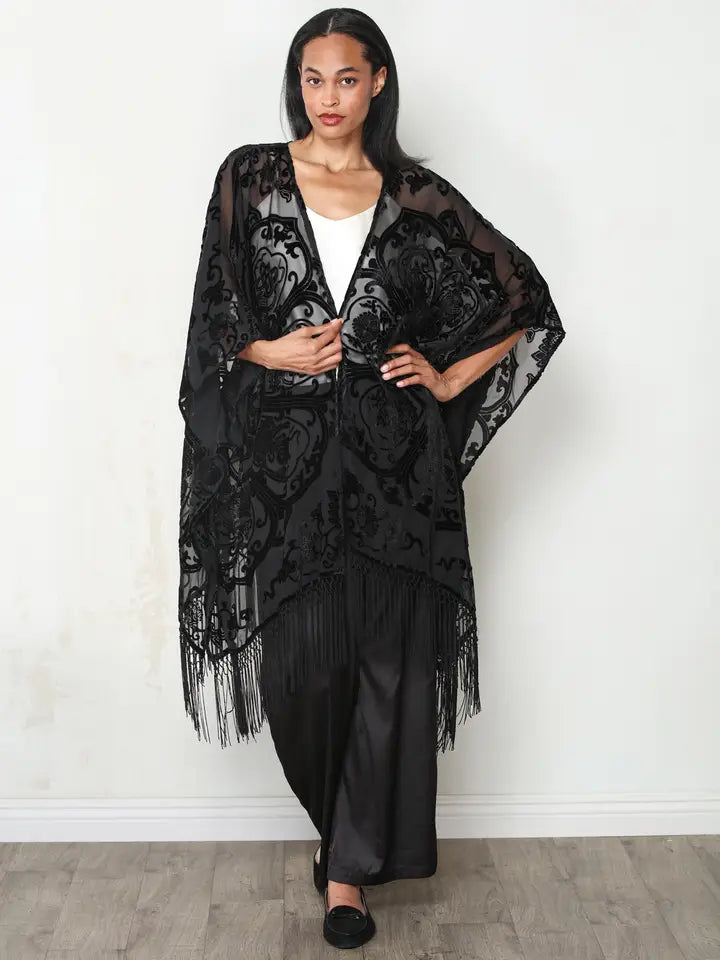 Black Velvet Burnout Fringe Trim Open Front Kimono