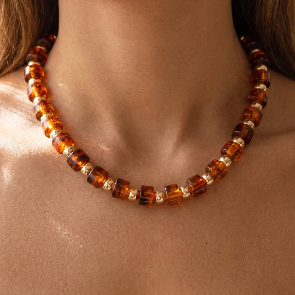 Tortoise & Gold Barrel Bead And Ball Bead Collar Necklace