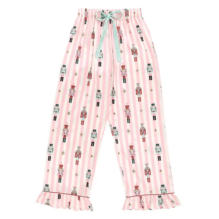 Ruffled Pj Set with Velvet Tie - Pink Stripes + Nutcrackers
