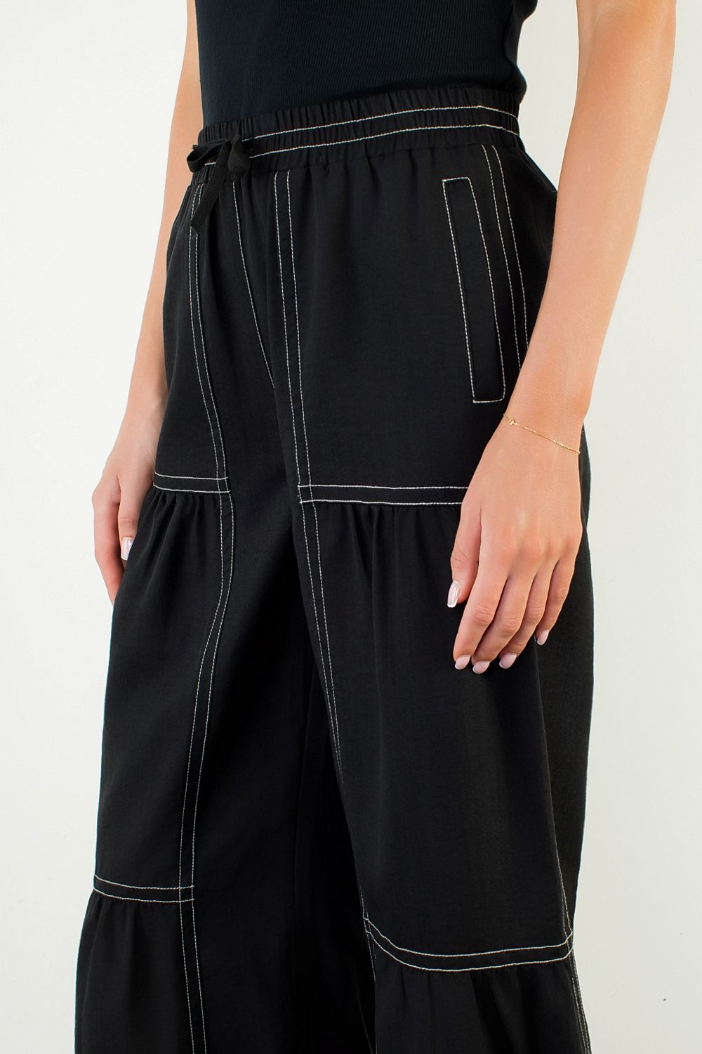 Tie front wide leg pants with contrast stitching — view 2