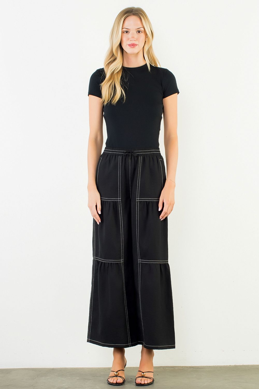 Tie front wide leg pants with contrast stitching — view 3